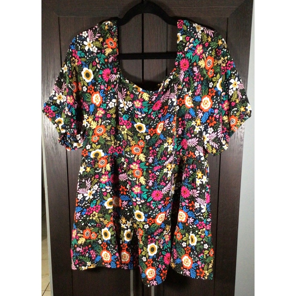 Bloomchic Women Floral Square Neck Tiered Babydoll Top Short Sleeve Multi Color